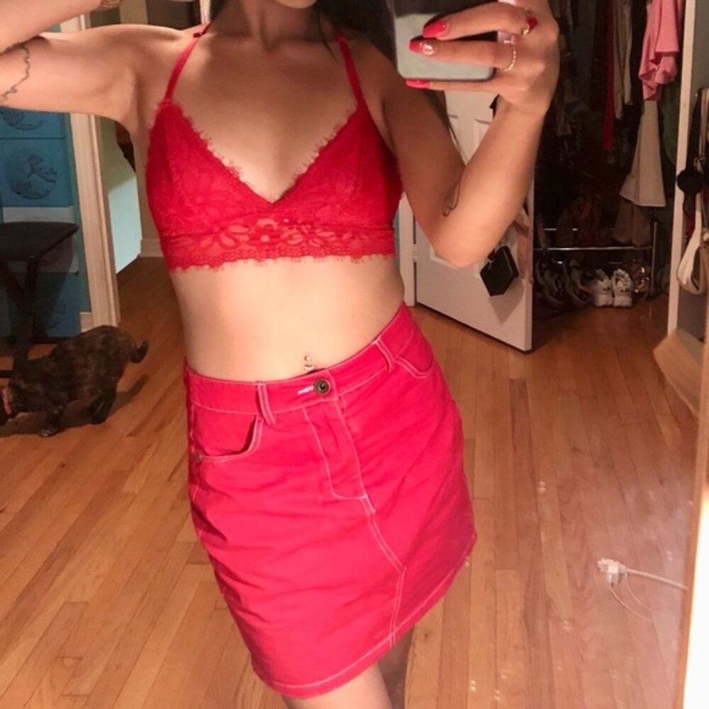 Red Set with Lace Bralette and Red Denim Skirt Size XS